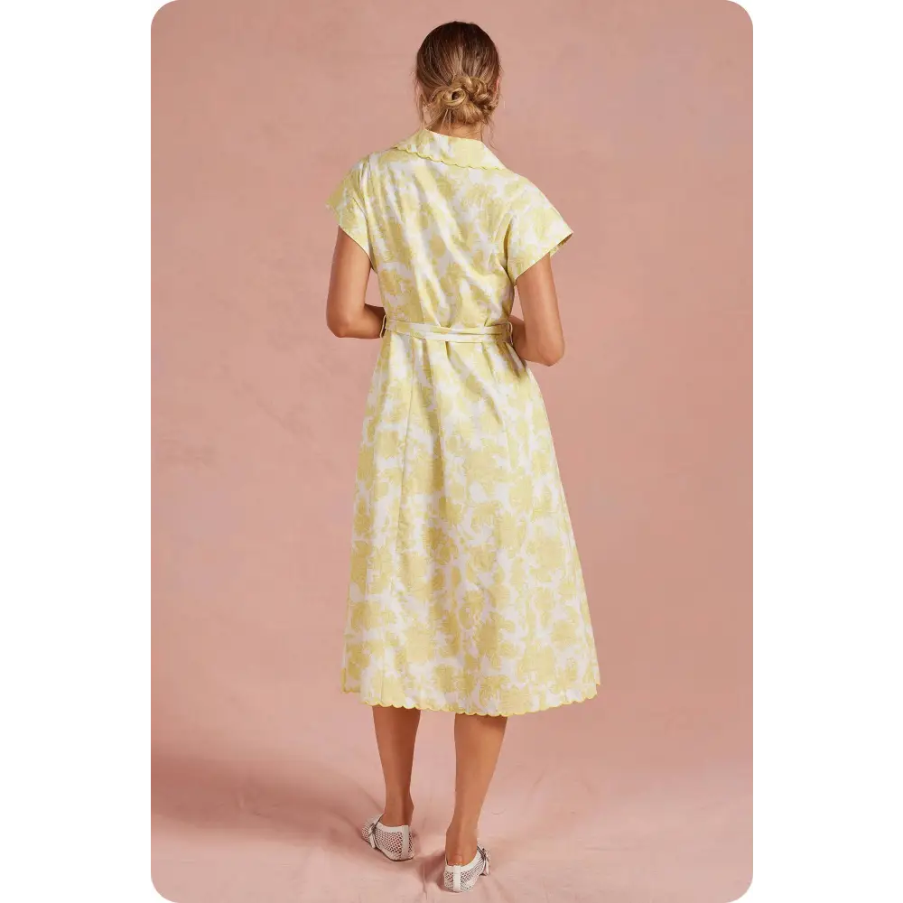 Botanical Garden Embroidery Scalloped Shirt Midi Dress - M / Butter/white