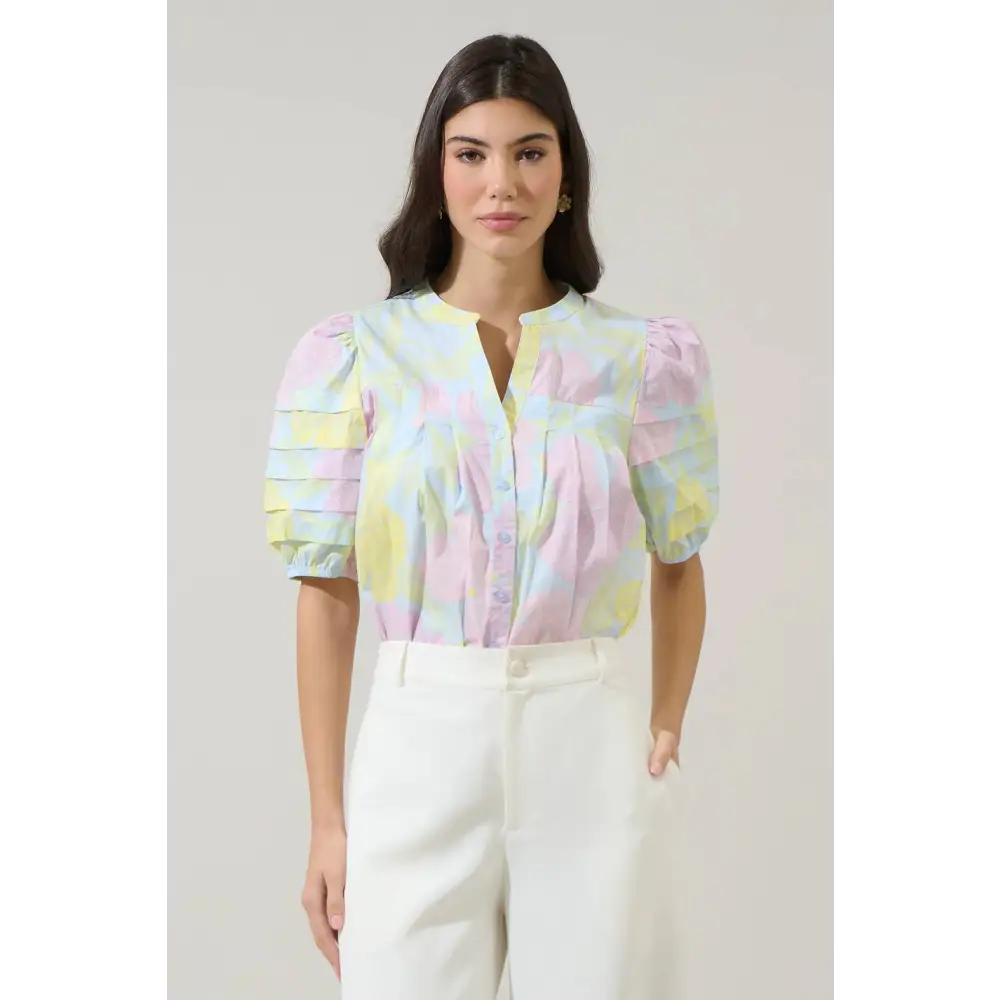 Brisa Floral Court Button Down Top - LT-BLUE-PINK / XS