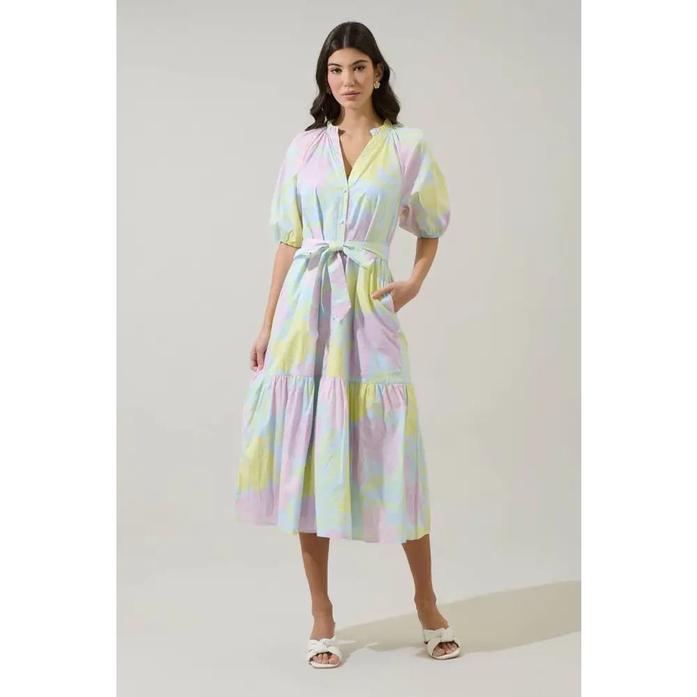 Brisa Floral Wynette Tiered Midi Dress - LT-BLUE-PINK / S