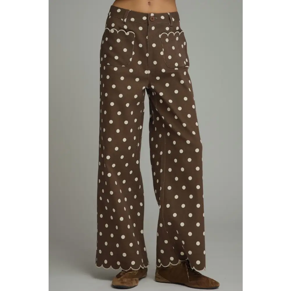 Brown and White Polka Dot Pants - S - Pants