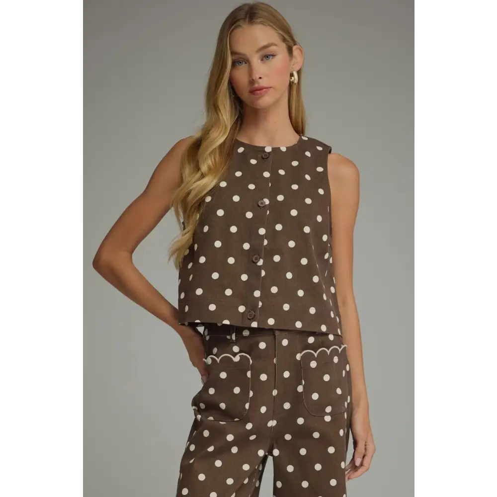Brown and White Polka Dot Top - Blouse