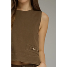Brown Sleeveless Top with Gold Horse Buckle - S - Blouse