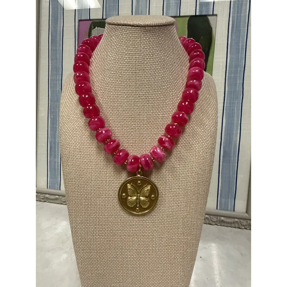 Butterfly Pendant Necklace - Pink - Necklace