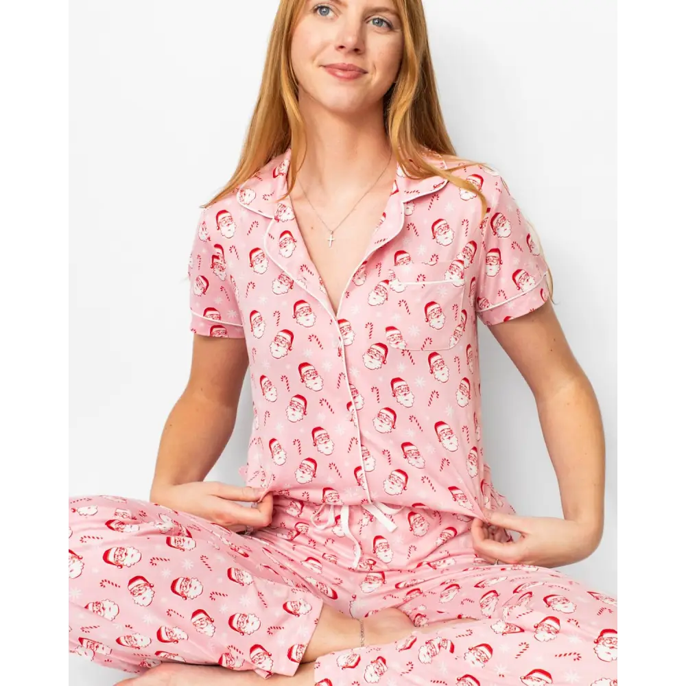 Candy Cane Cutie Short Sleeve Button Up Sleep Shirt Light Pink/Red/White -Asst.