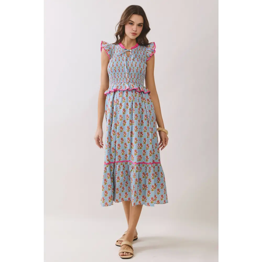 CD06958-Floral Print Smocked Peplum Tiered Midi Dress