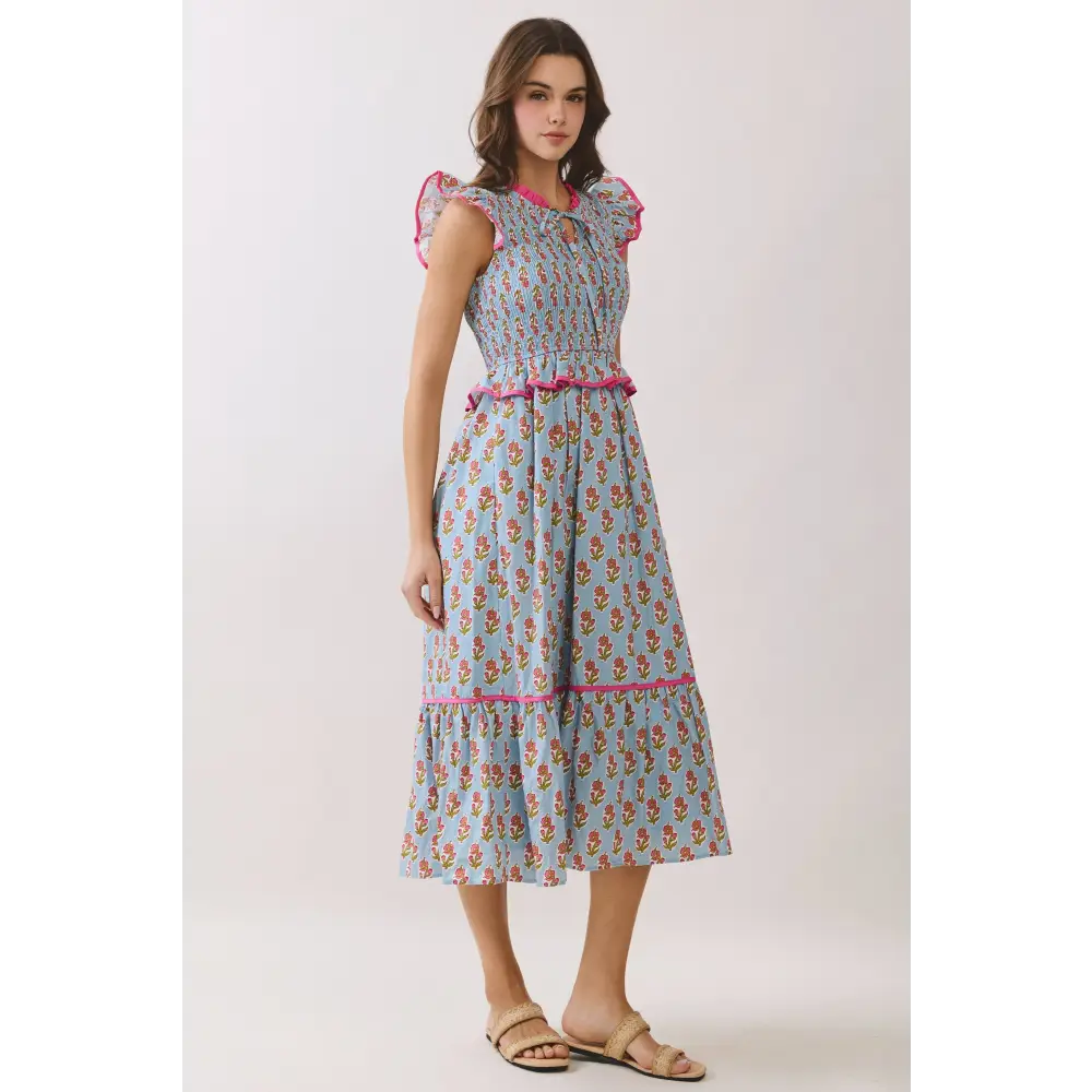 CD06958-Floral Print Smocked Peplum Tiered Midi Dress