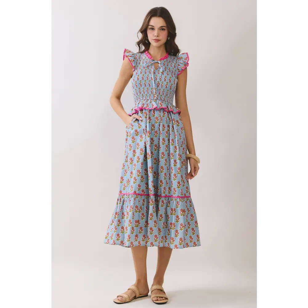 CD06958-Floral Print Smocked Peplum Tiered Midi Dress