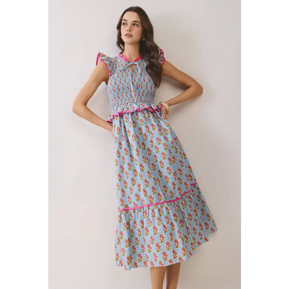 CD06958-Floral Print Smocked Peplum Tiered Midi Dress - Blue / S