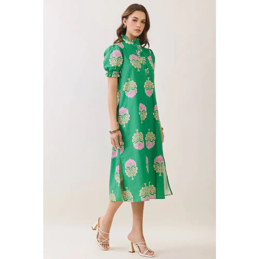 CD06970-Floral Print Ruffle Collar Button Down Midi Dress
