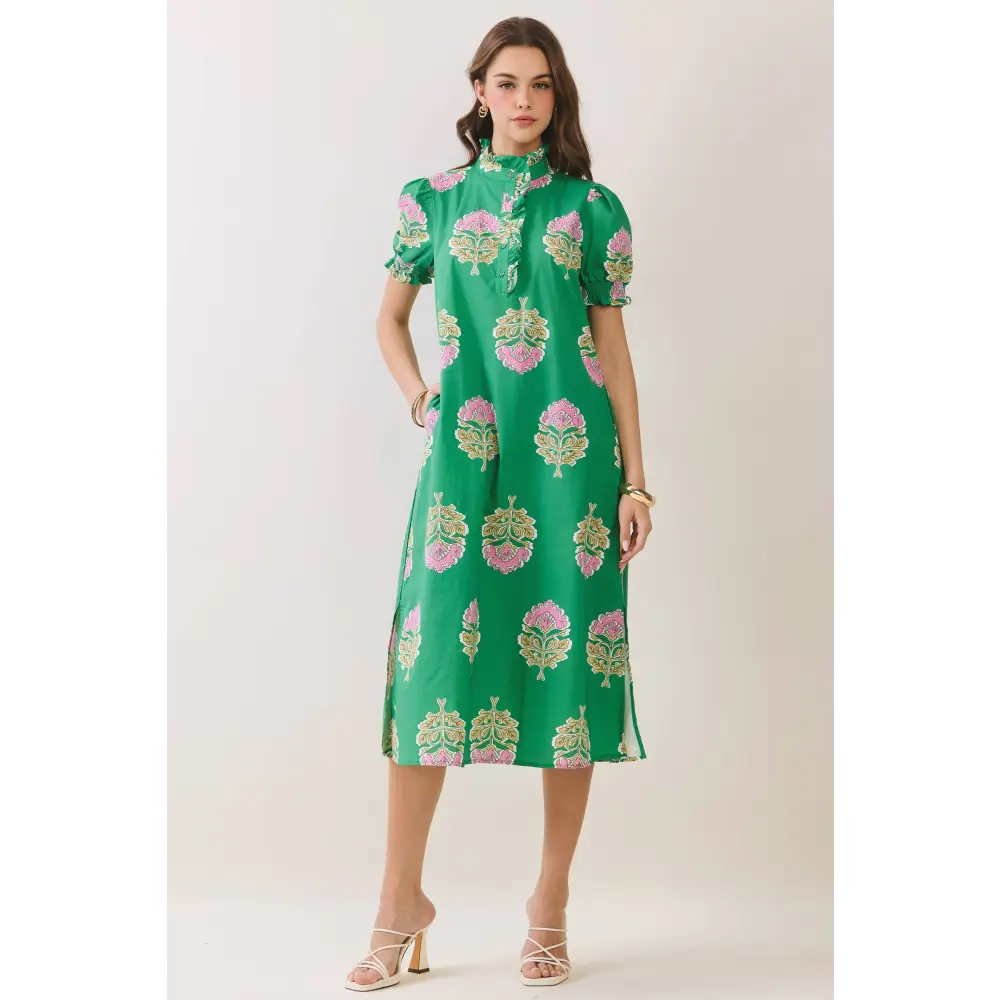 CD06970-Floral Print Ruffle Collar Button Down Midi Dress