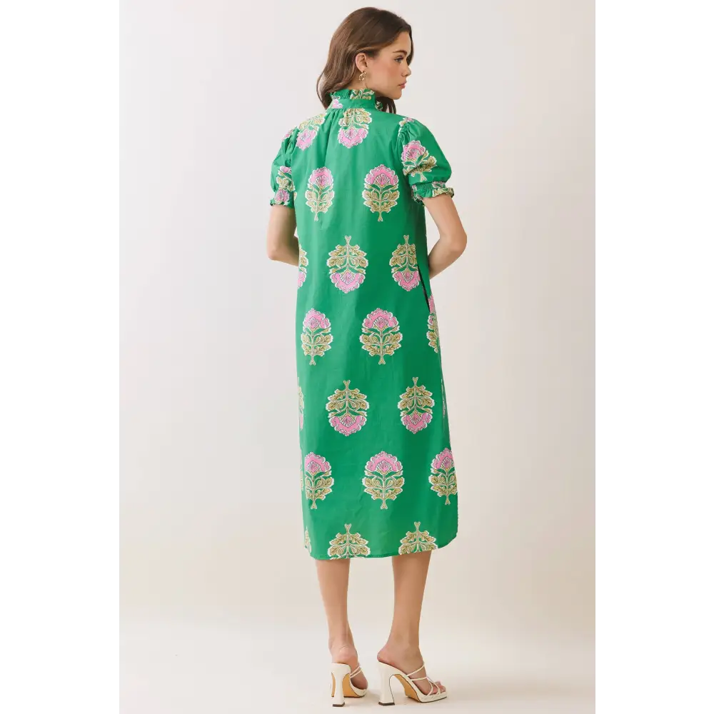 CD06970-Floral Print Ruffle Collar Button Down Midi Dress