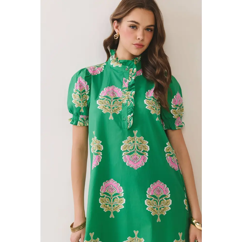 CD06970-Floral Print Ruffle Collar Button Down Midi Dress