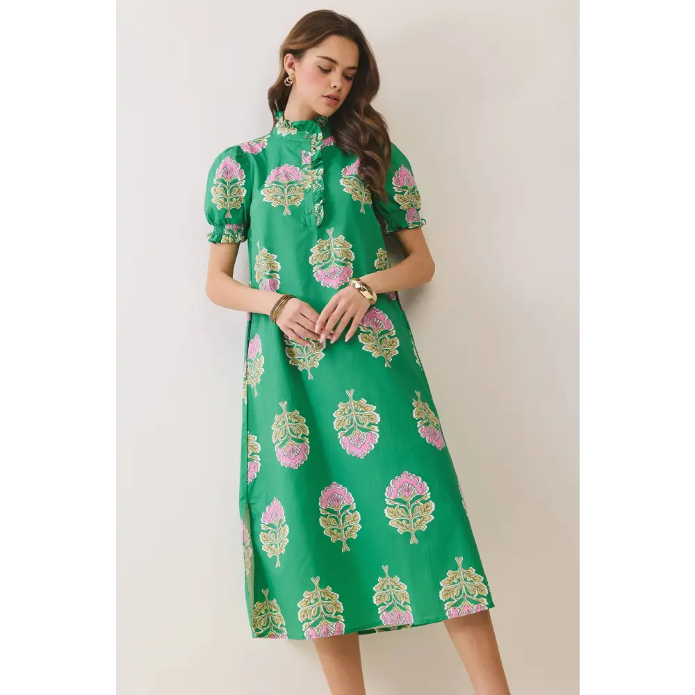 CD06970-Floral Print Ruffle Collar Button Down Midi Dress - M / Green