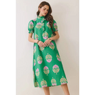 CD06970-Floral Print Ruffle Collar Button Down Midi Dress - M / Green