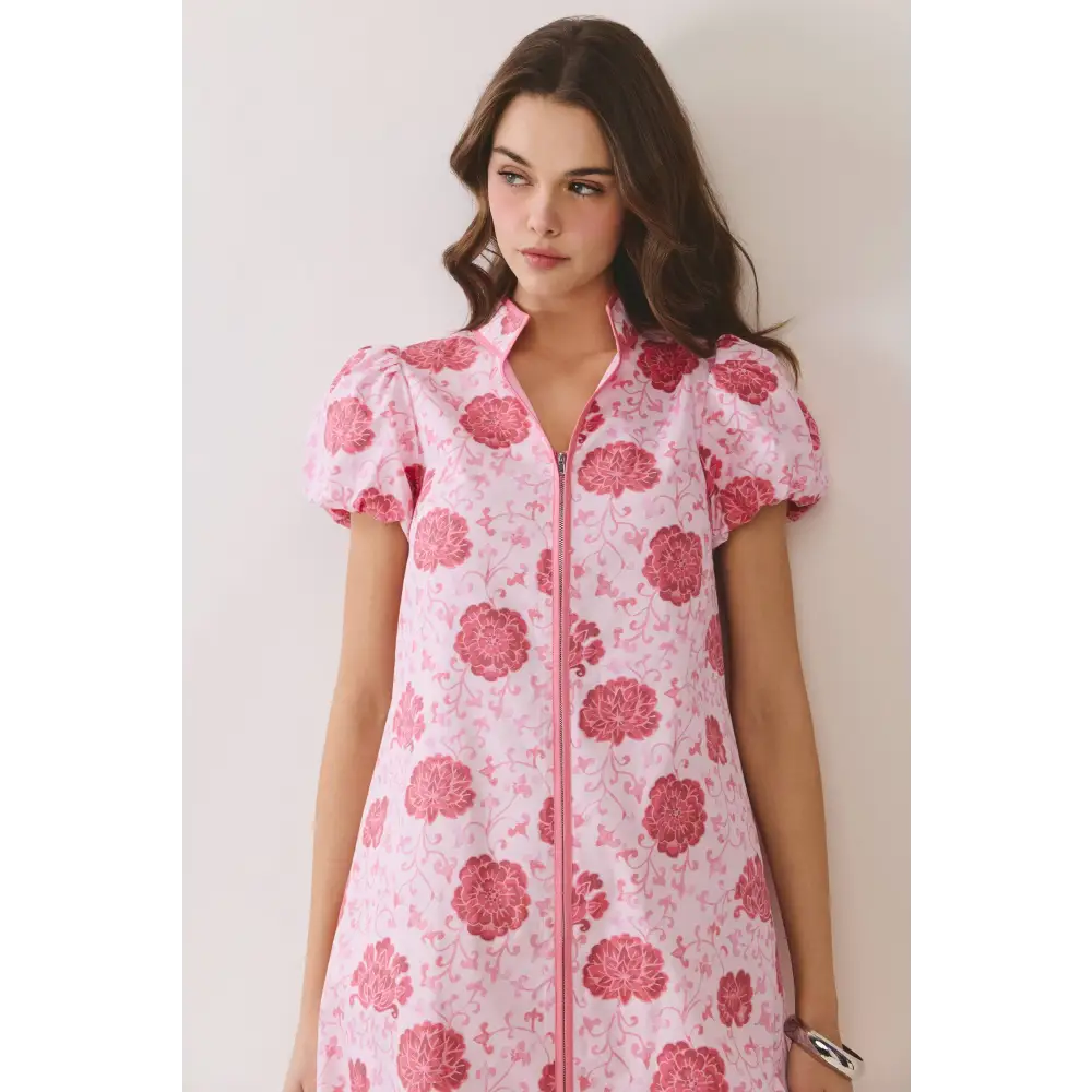 CD06997-Floral Print Puff Sleeve Zip Up Mini Dress