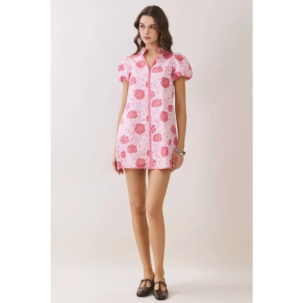 CD06997-Floral Print Puff Sleeve Zip Up Mini Dress