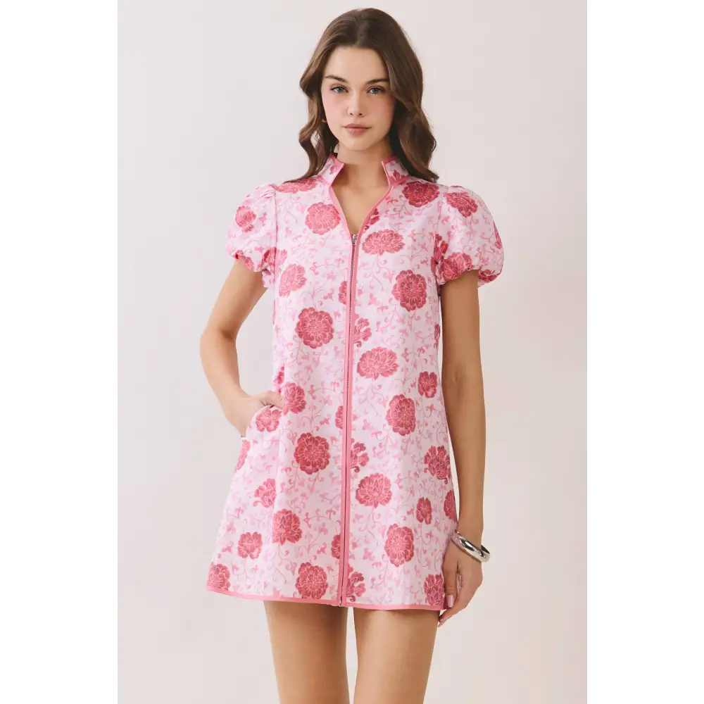 CD06997-Floral Print Puff Sleeve Zip Up Mini Dress - Pink / S