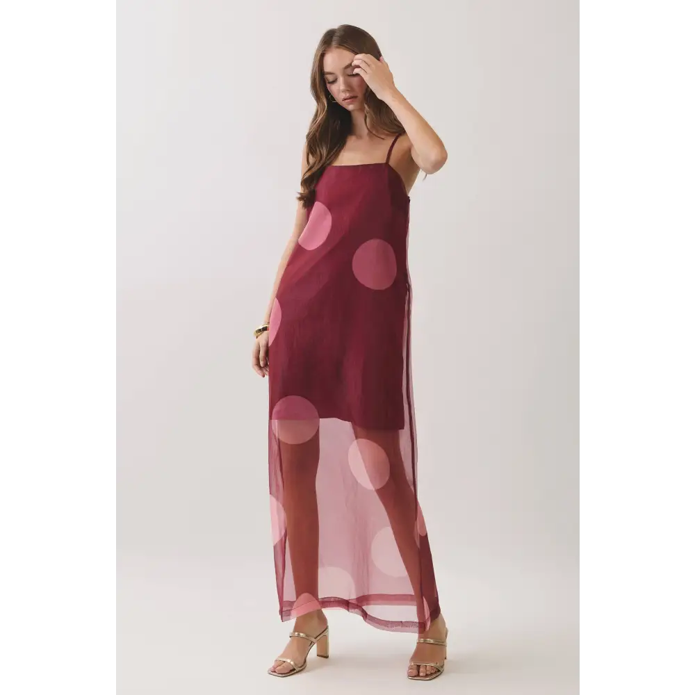 CD07181-Polka Dot Sheer Overlay Maxi Dress