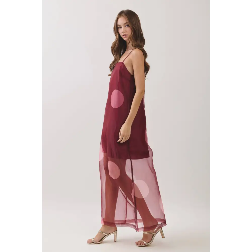 CD07181-Polka Dot Sheer Overlay Maxi Dress