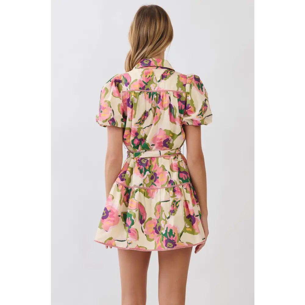 CD07233-Floral Print Puff Sleeve Belted Dress