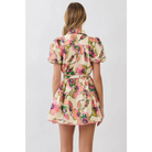 CD07233-Floral Print Puff Sleeve Belted Dress