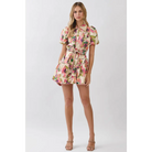 CD07233-Floral Print Puff Sleeve Belted Dress
