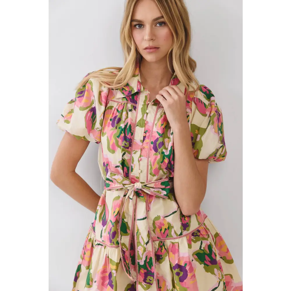 CD07233-Floral Print Puff Sleeve Belted Dress
