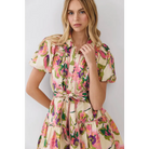 CD07233-Floral Print Puff Sleeve Belted Dress
