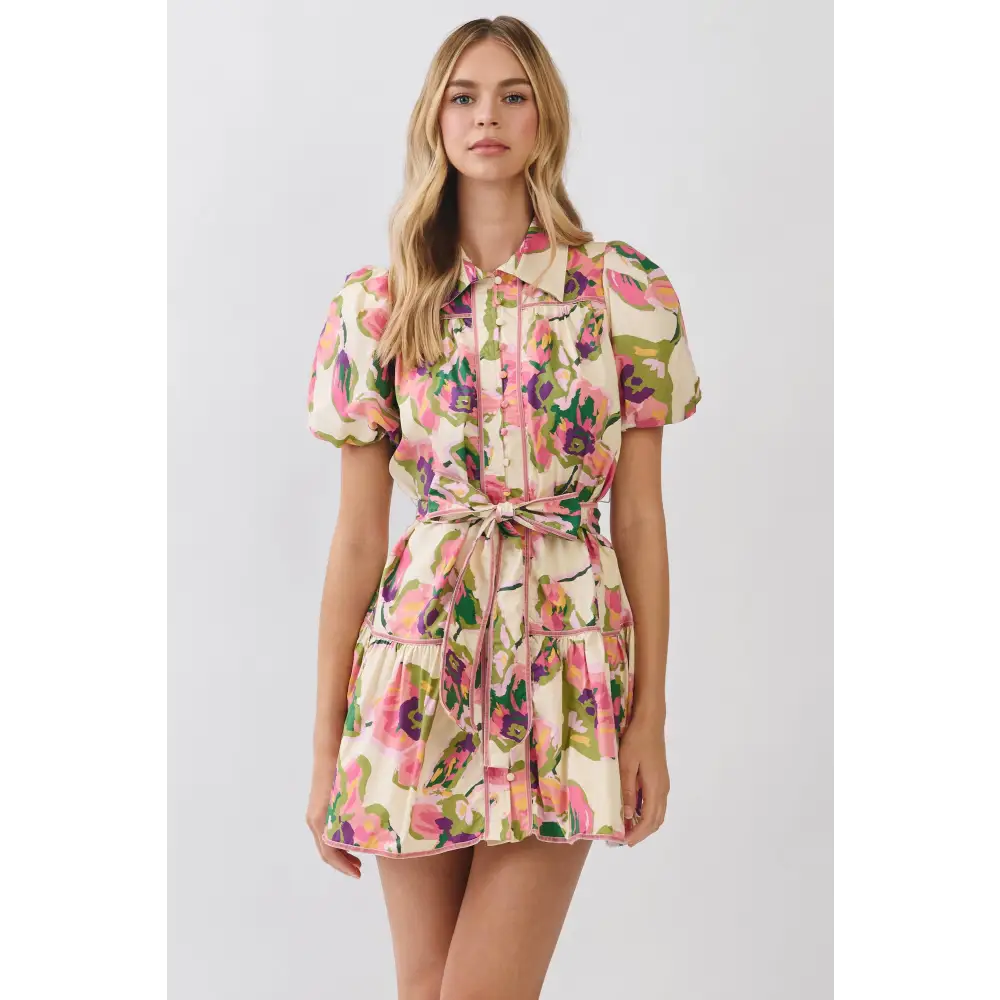 CD07233-Floral Print Puff Sleeve Belted Dress - MULTI / M