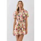 CD07233-Floral Print Puff Sleeve Belted Dress - MULTI / M