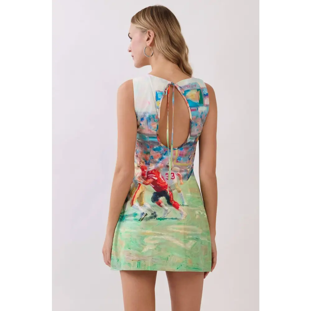 CD07335-Abstract Football Print Open Back Mini Dress