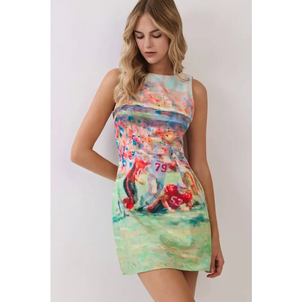 CD07335-Abstract Football Print Open Back Mini Dress