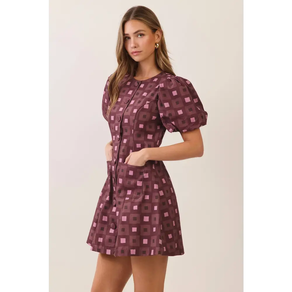 CD07621-Geometric Print Puff Sleeve Mini Dress