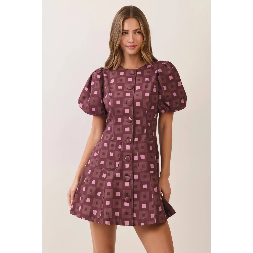 CD07621-Geometric Print Puff Sleeve Mini Dress