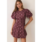 CD07621-Geometric Print Puff Sleeve Mini Dress - M / PLUM