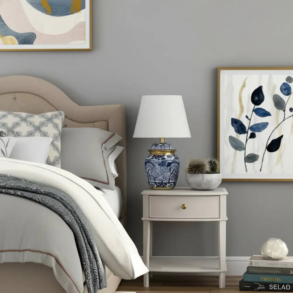 Ceramic Chinoiserie Gold Trim Table Lamp - Blue 12 in.