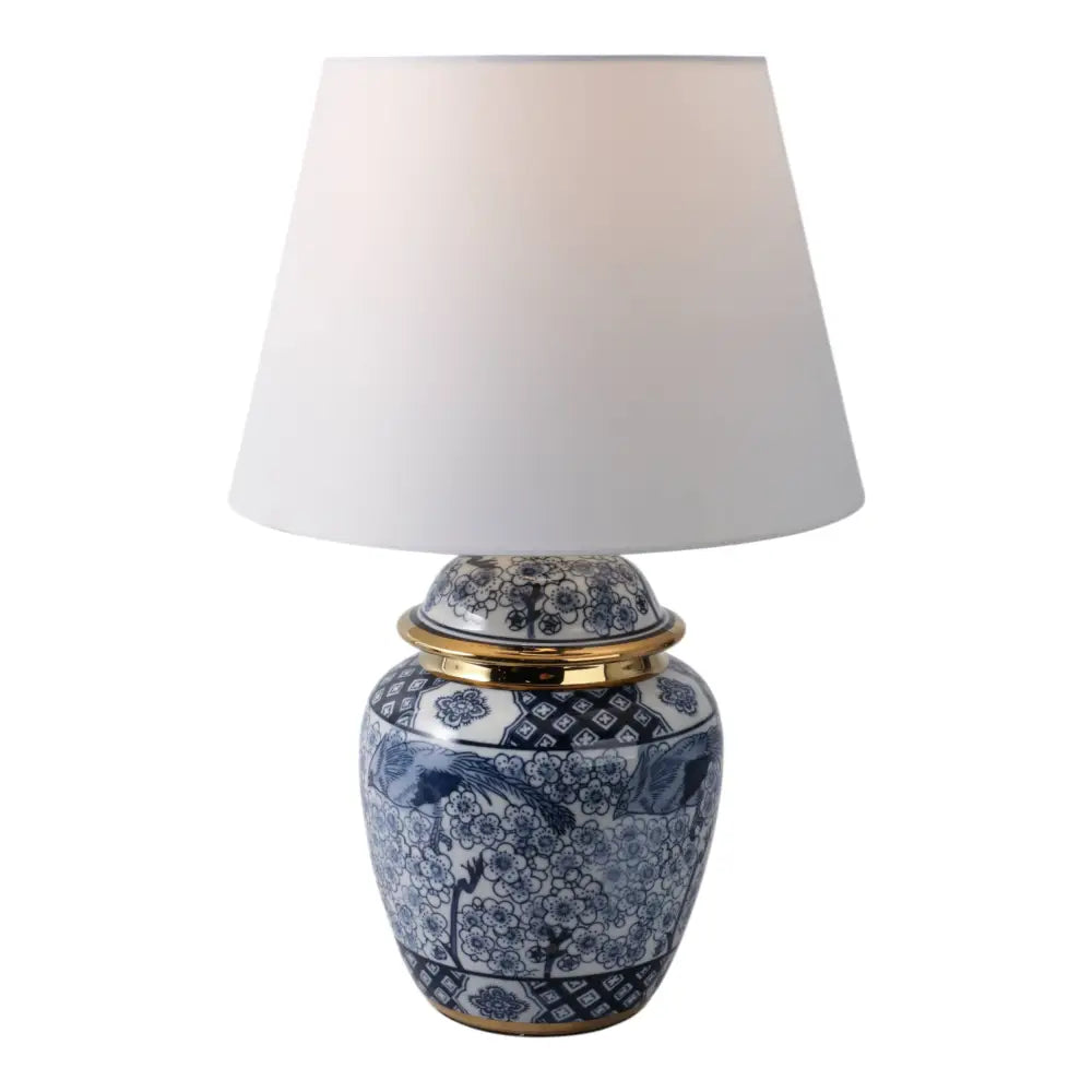 Ceramic Chinoiserie Gold Trim Table Lamp - Blue 12 in.