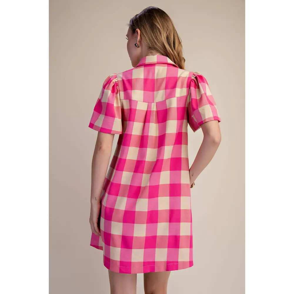 Checkered Mini Dress With Collar Neck Covered Button Down