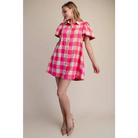 Checkered Mini Dress With Collar Neck Covered Button Down