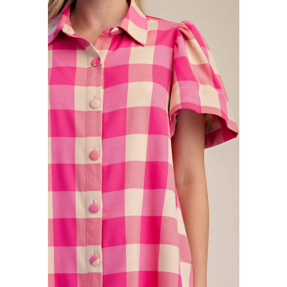 Checkered Mini Dress With Collar Neck Covered Button Down