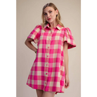 Checkered Mini Dress With Collar Neck Covered Button Down - Pink / L
