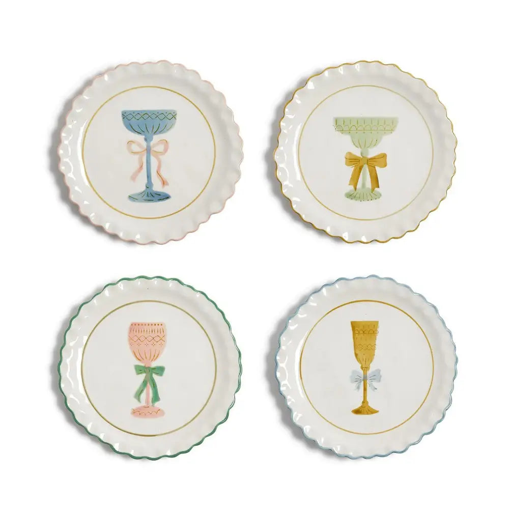Cheers! Set of 4 Hand-Painted Ruffled Rim Tidbit Plates - Tidbit Plate