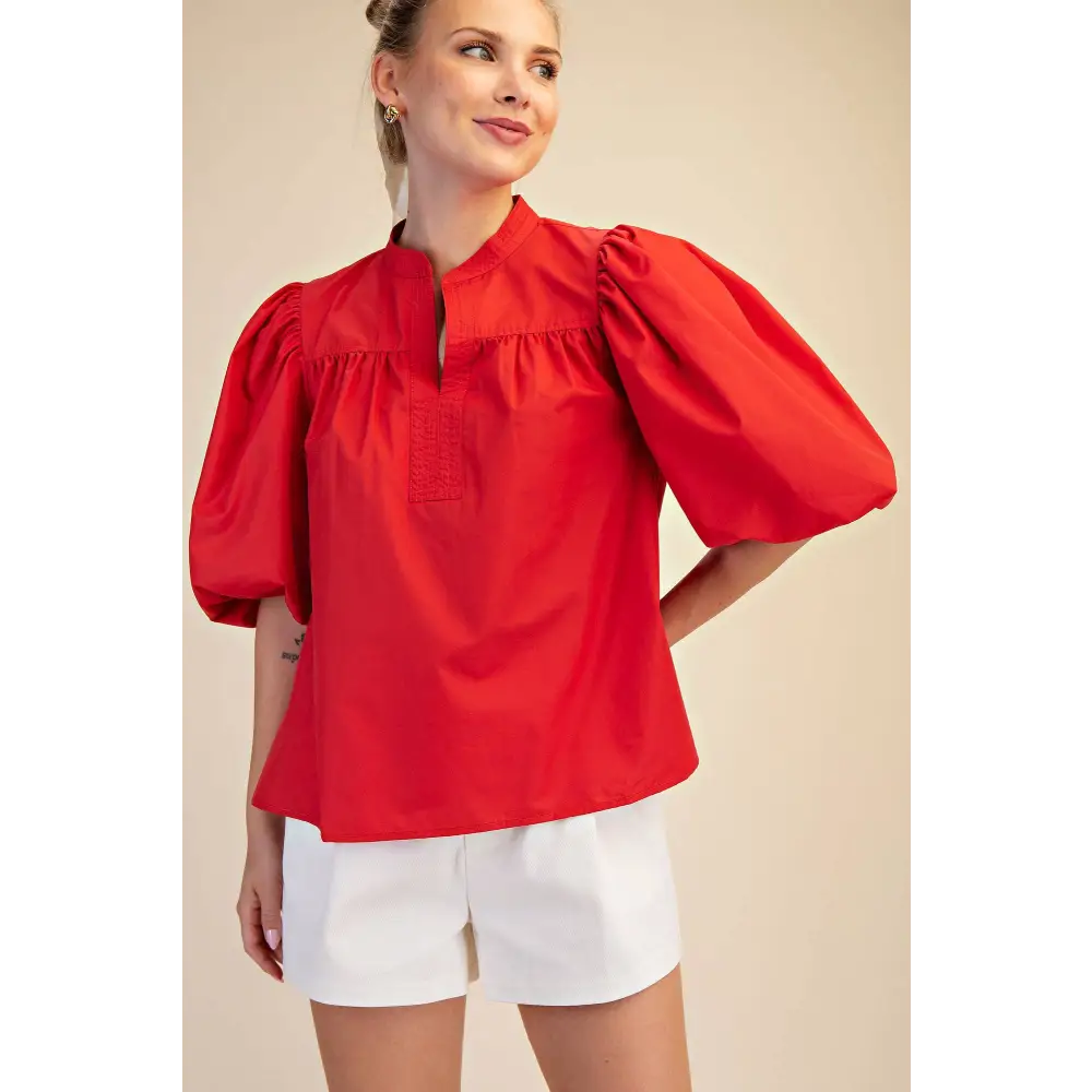 China Collar V-Neck Bubble Sleeve Poplin Top