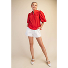 China Collar V-Neck Bubble Sleeve Poplin Top