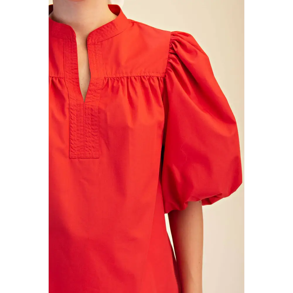 China Collar V-Neck Bubble Sleeve Poplin Top
