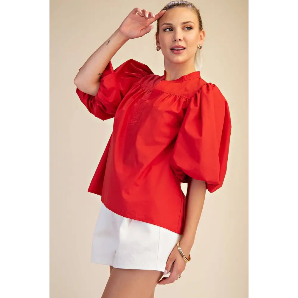 China Collar V-Neck Bubble Sleeve Poplin Top