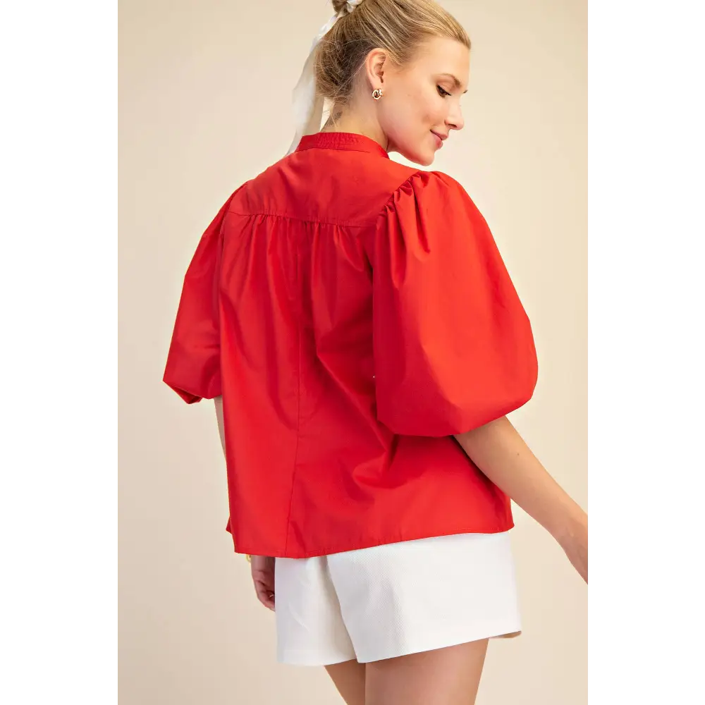China Collar V-Neck Bubble Sleeve Poplin Top