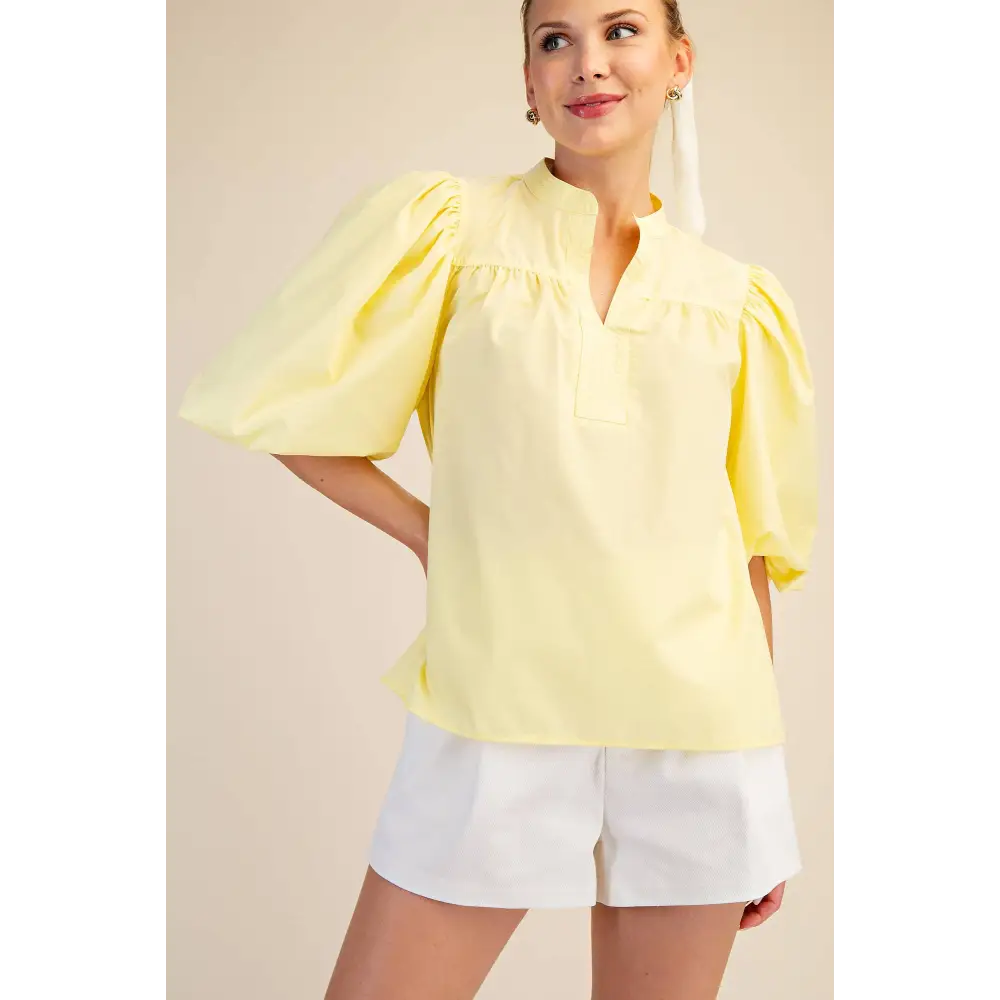 China Collar V-Neck Bubble Sleeve Poplin Top - Butter Yellow / L