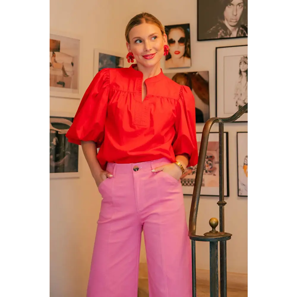 China Collar V-Neck Bubble Sleeve Poplin Top - Red / L