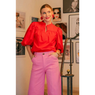 China Collar V-Neck Bubble Sleeve Poplin Top - Red / L